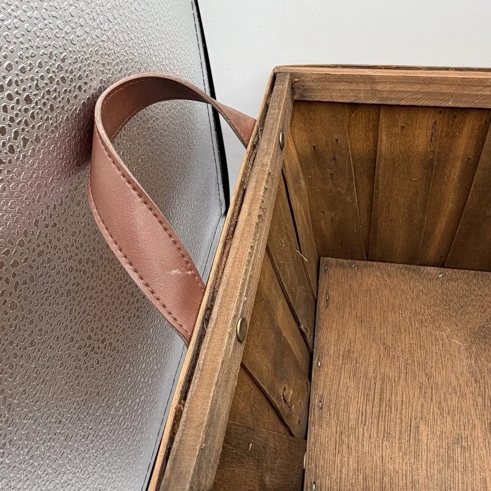 Harry & David Leather Handle Wooden Rectangle Basket Brown 15.5